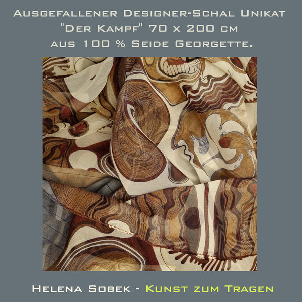 Ausgefallener Designer-Schal Unikat  "Der Kampf" 70 x 200 cm (Wolle oder Seide). Kunst zum Tragen.