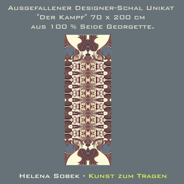 Ausgefallener Designer-Schal Unikat  "Der Kampf" 70 x 200 cm (Wolle oder Seide). Kunst zum Tragen.