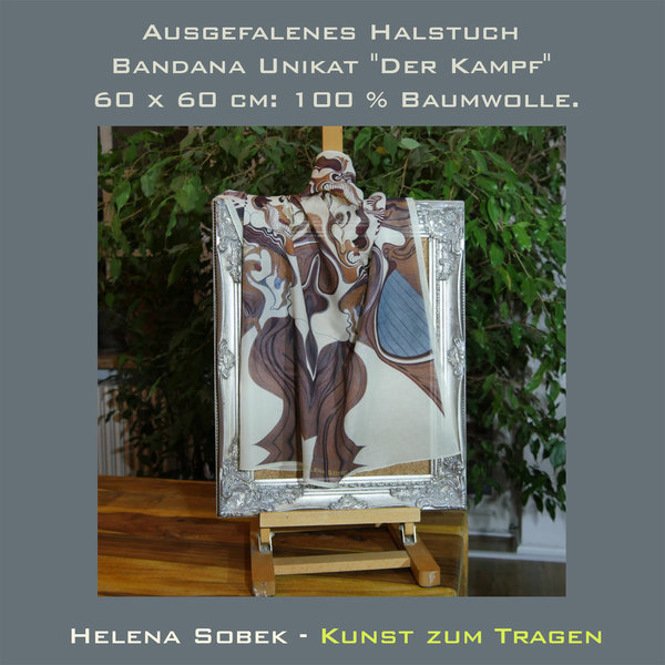Ausgefallenes Halstuch / Bandana Unikat "Der Kampf" 60 x 60 cm: 100 % Baumwolle. Kunst zum Tragen.