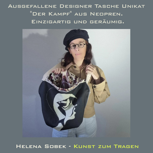 Ausgefallene Designer Tasche Unikat "Der Kampf" aus Neopren. Einzigartig und geräumig.