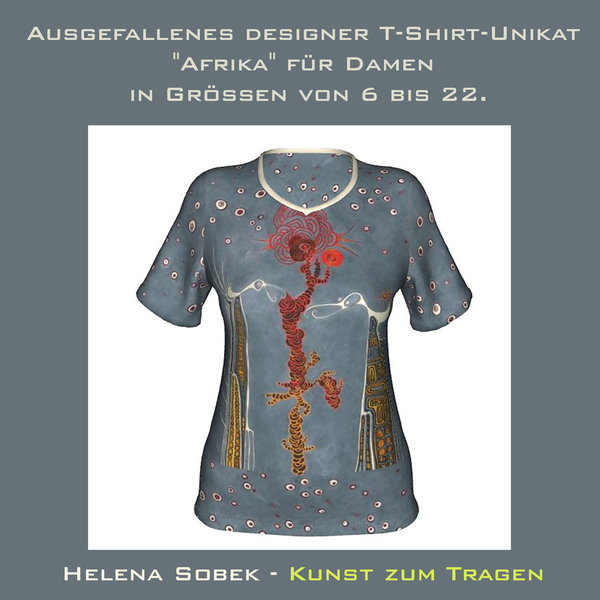 Ausgefallenes designer T-Shirt-Unikat "Afrika" für Damen in Größen von 6 bis 22. Kunst zum Tragen