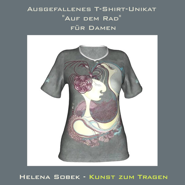 Ausgefallenes T-Shirt-Unikat "Auf dem Rad" für Damen in Größen von 6 bis 22. Kunst zum Tragen
