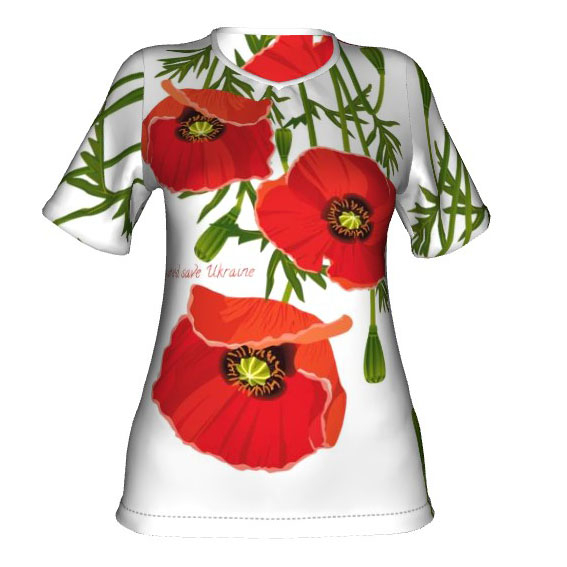 T-Shirt-Unikat "Mohnblume" in Weiß - "keep calm and save Ukraine" für Damen in Größen von 6 bis 22.